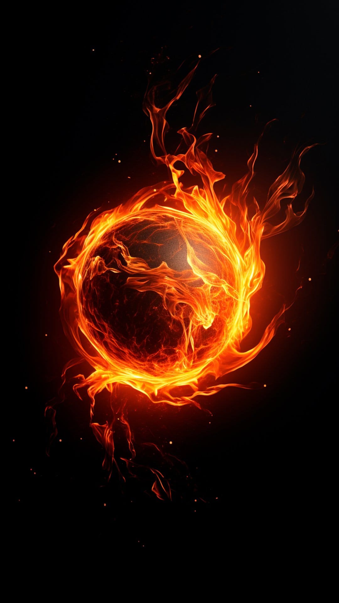 Glowing orange fire ring with scattered embers and sparks encircling a dark center on a solid black backdrop.