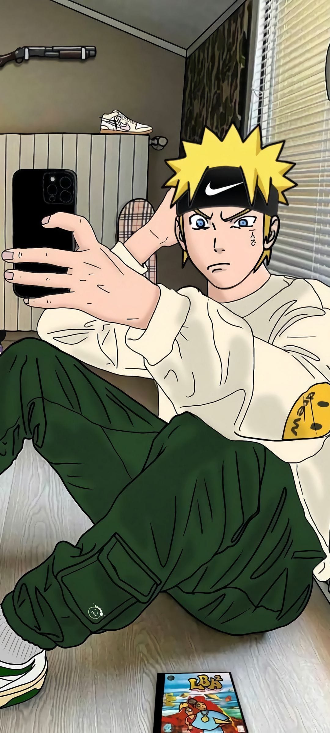 Naruto Uzumaki wearing a white sweatshirt and Nike headband takes a selfie in a room with a skateboard and blinds.
