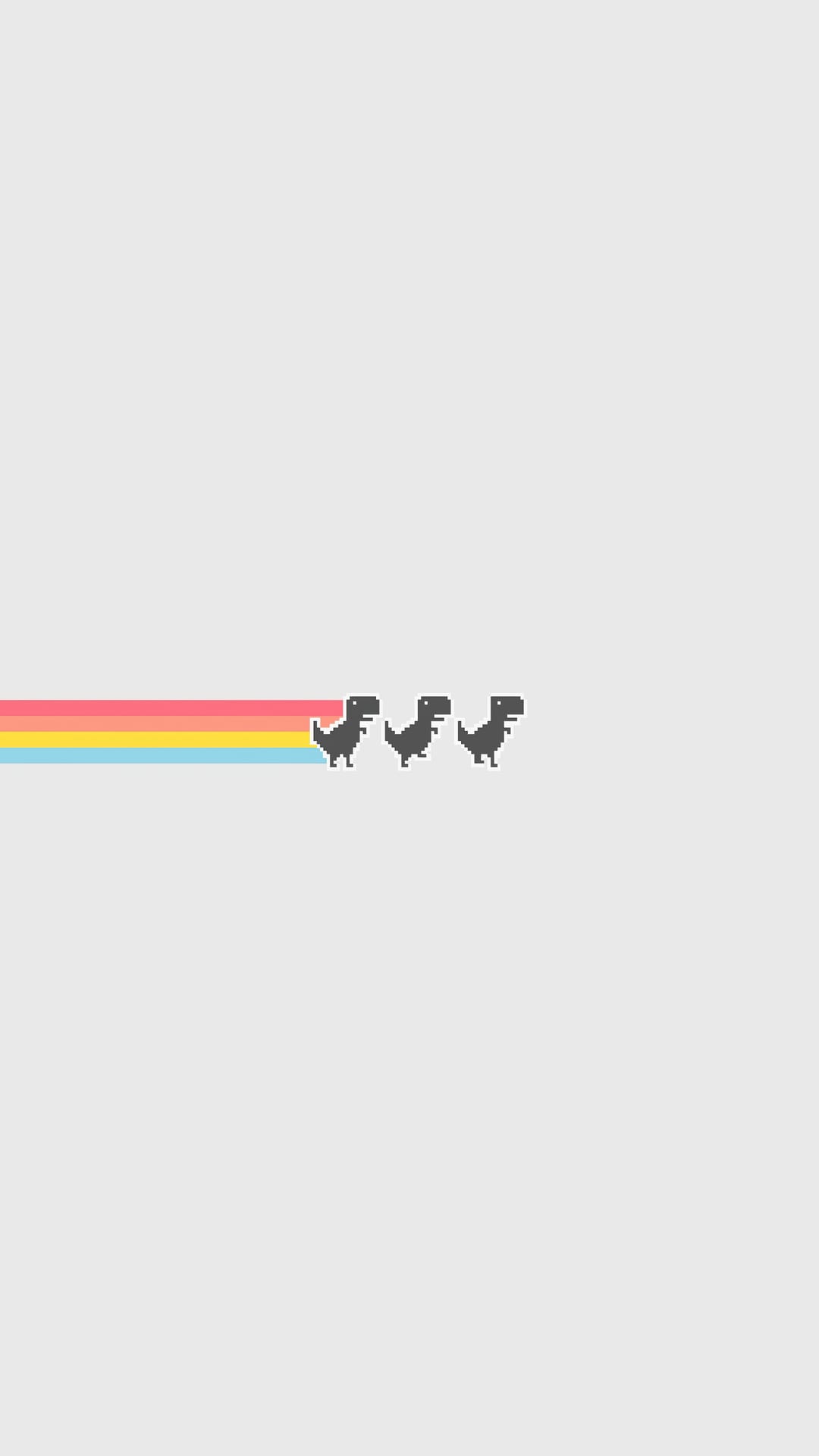 Three black pixelated T-Rex dinosaurs run toward the right leaving a six-color rainbow trail on a light gray field.