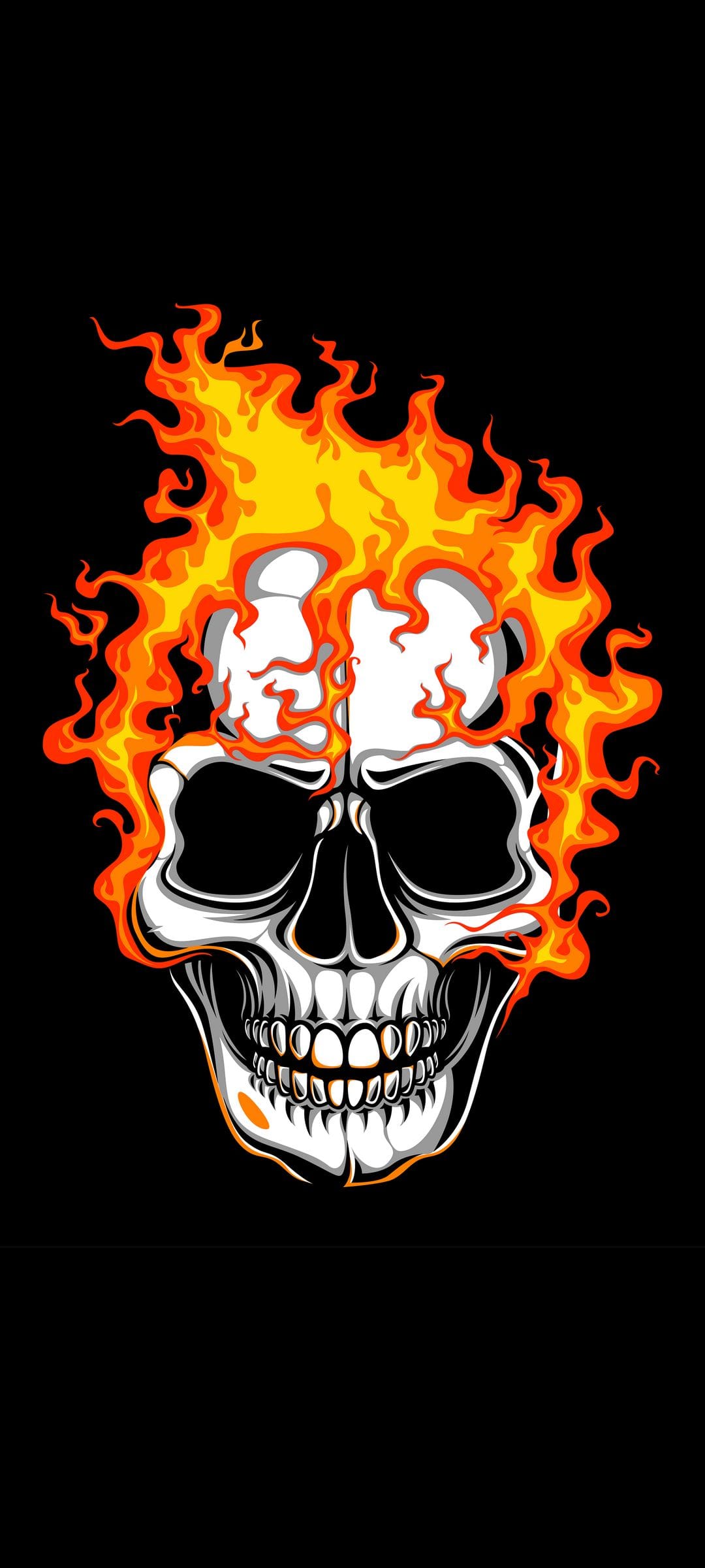 White skull with a menacing grin engulfed in bright orange and yellow flames against a dark black background.