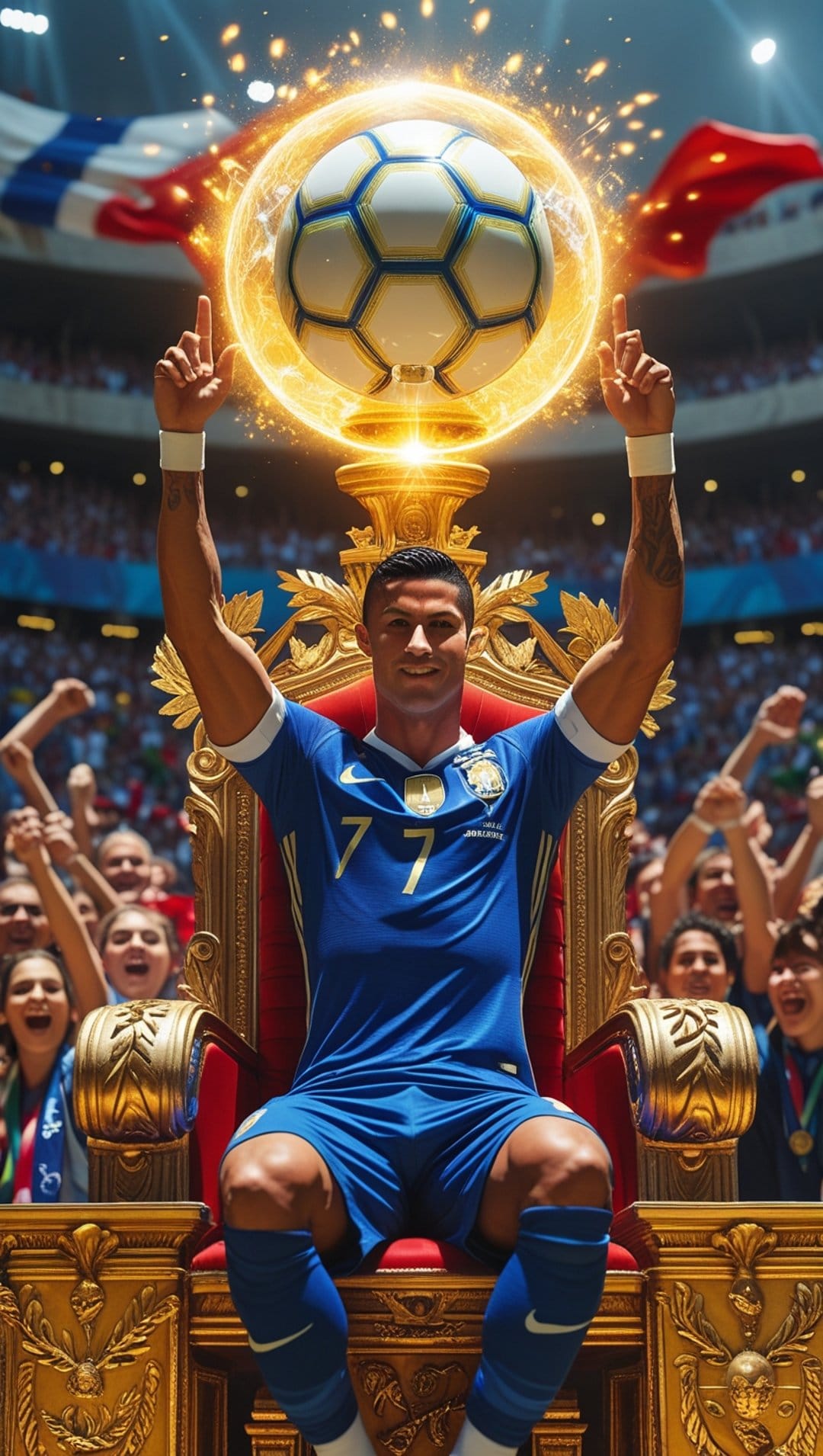 Soccer player in blue jersey number 7 holding a glowing ball while sitting on a gold throne in a stadium.