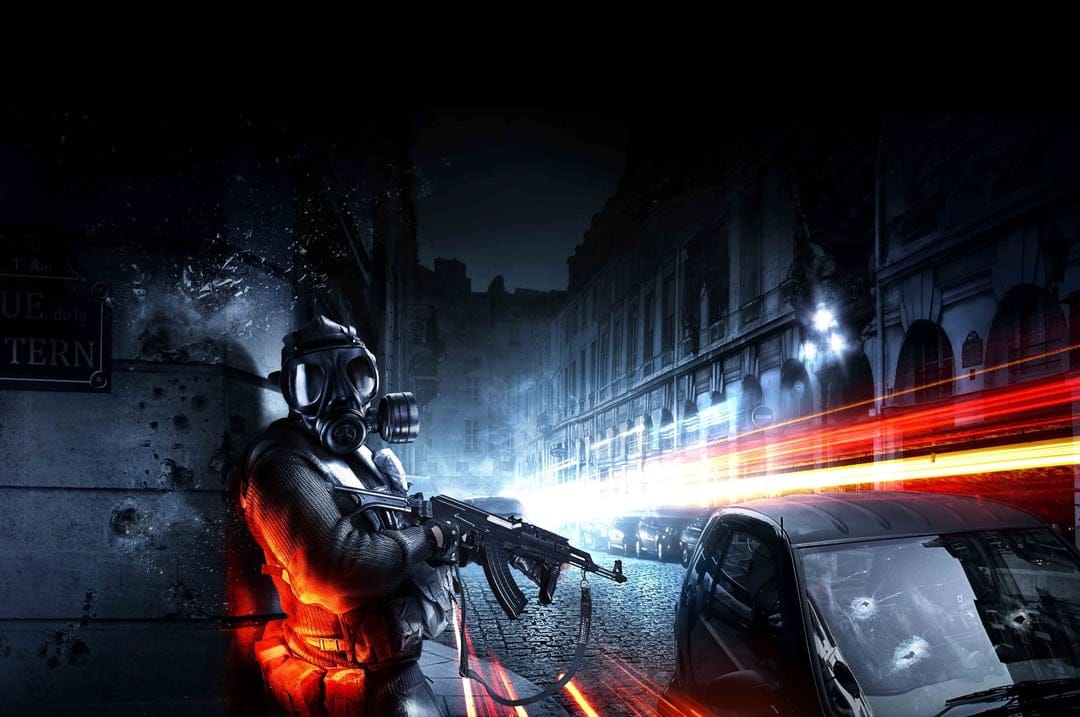 Soldier wearing a gas mask holding a rifle on a dark urban street with orange light glows and bright light streaks.