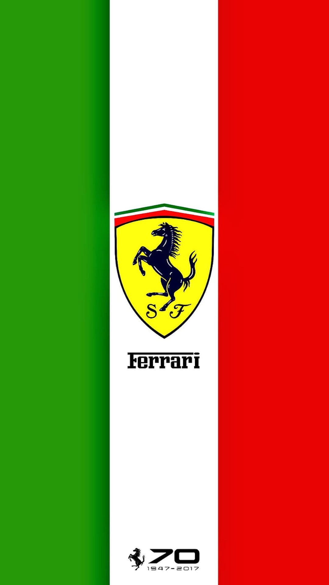 Ferrari Prancing Horse shield centered over green white and red vertical stripes for the 70th anniversary.