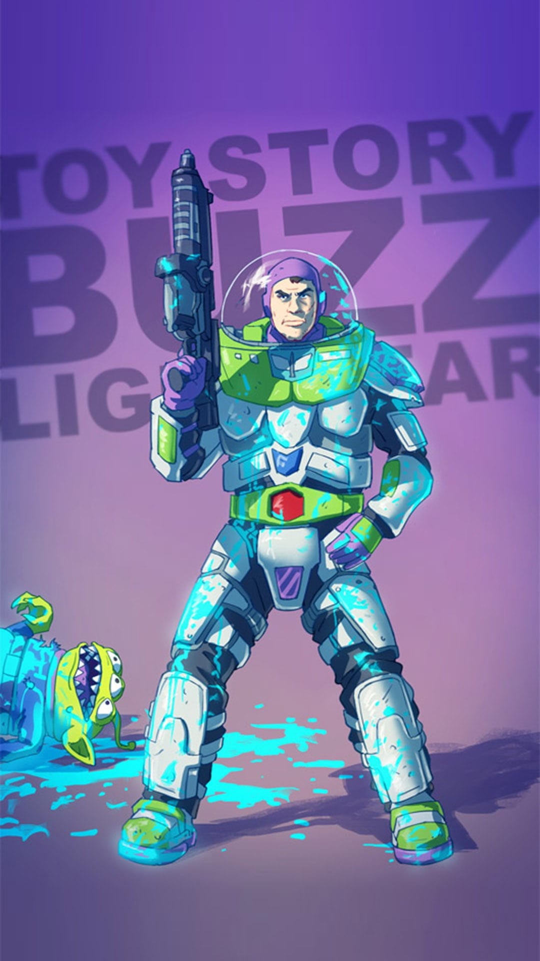 Buzz Lightyear in a space suit holds a laser blaster above a small green alien against a bold logo background.