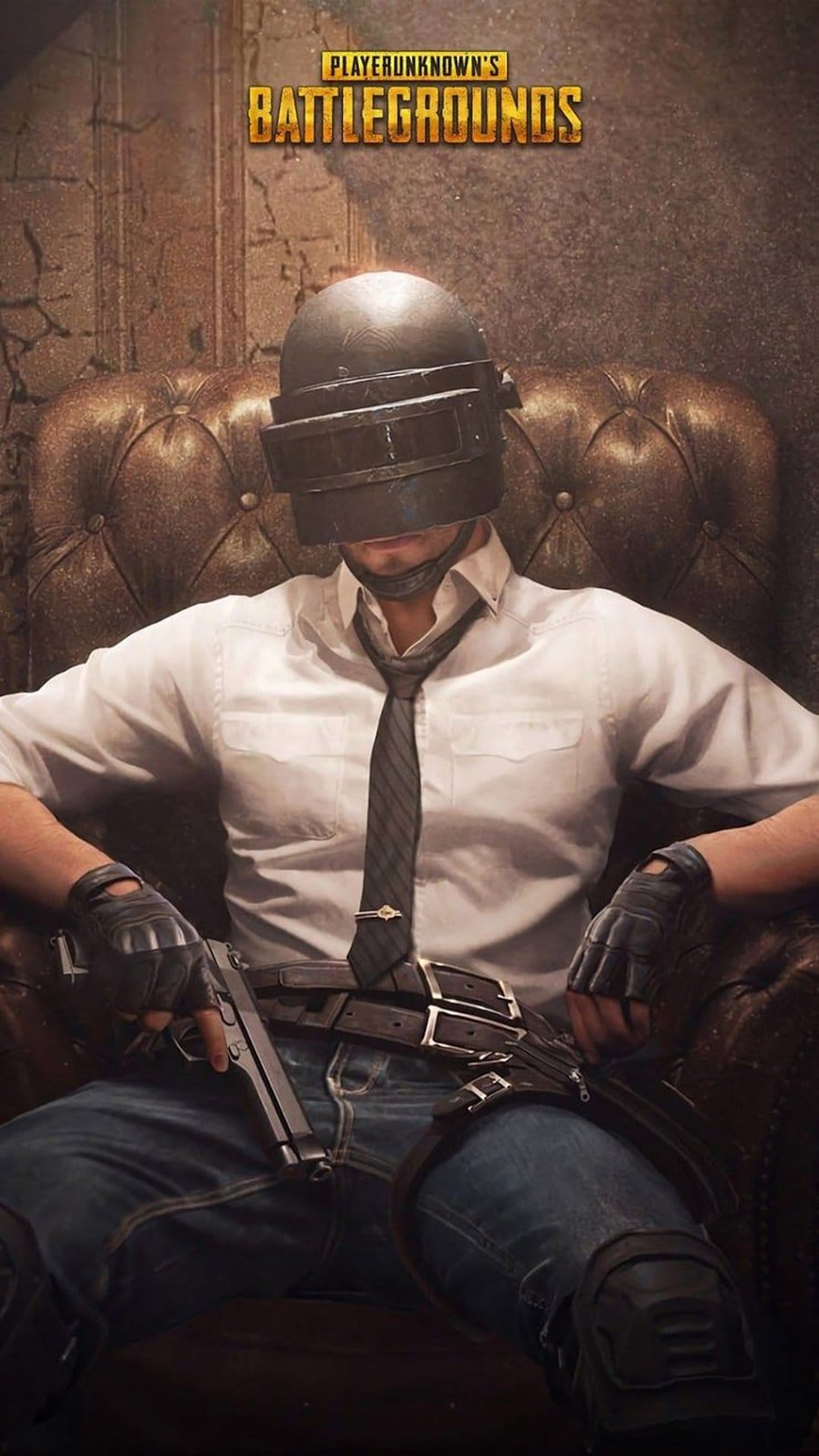 PUBG character in a signature helmet and tie sits in a leather chair holding a handgun for mobile backgrounds.