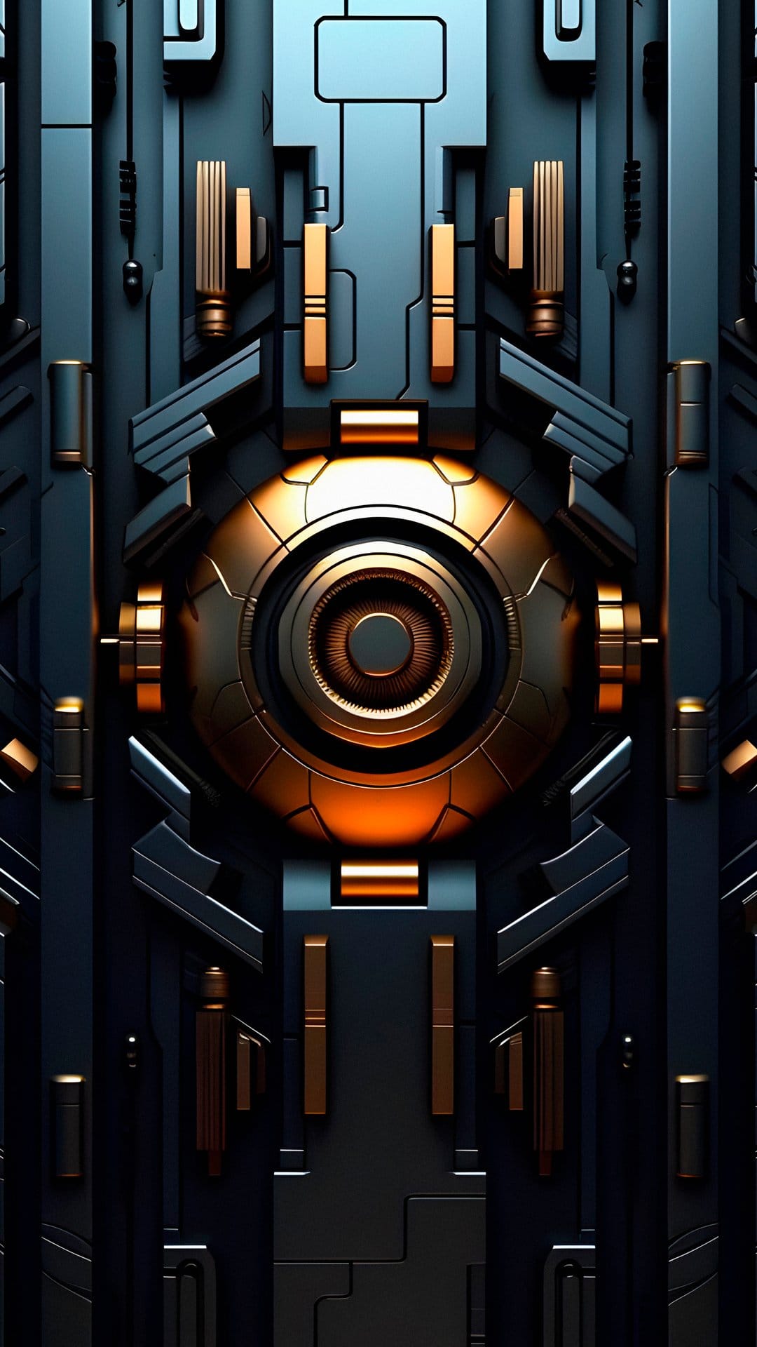 Cybernetic eye with a glowing orange iris embedded in dark, segmented metallic armor plating and circuitry.
