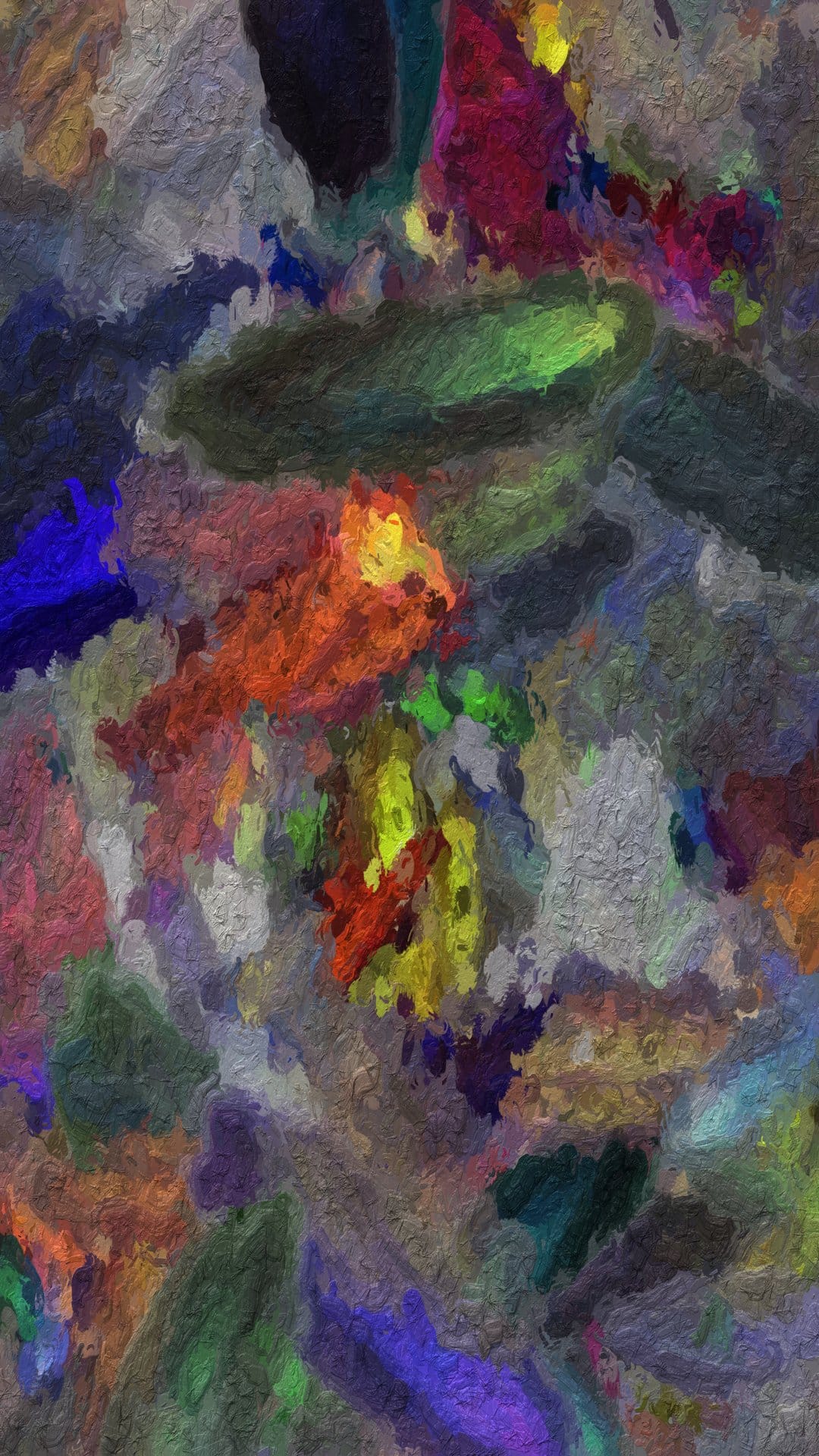 Thick textured oil paint swirls in blues and oranges create a vibrant vertical abstract composition.