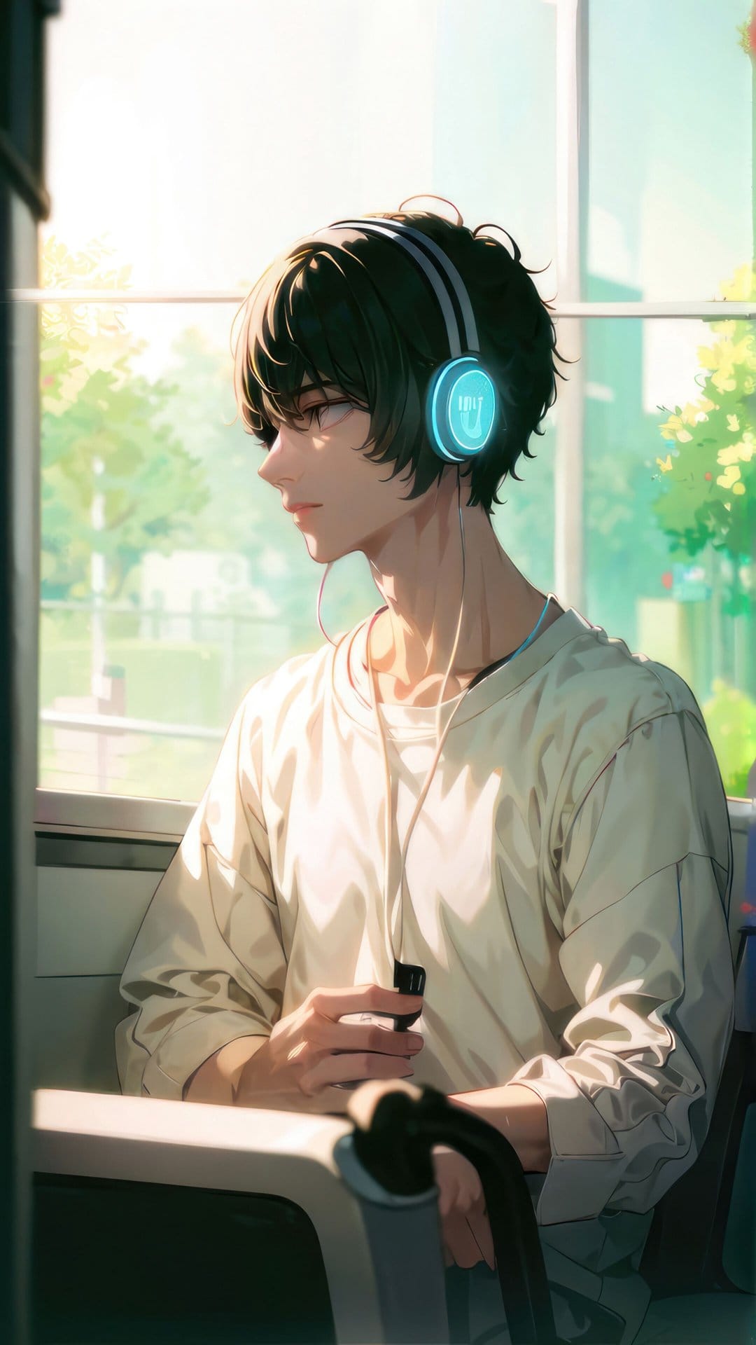 Young man with glasses and glowing blue headphones looks through a sunlit window toward vibrant green trees.