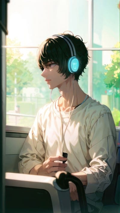 guy,headphones,window,view,art