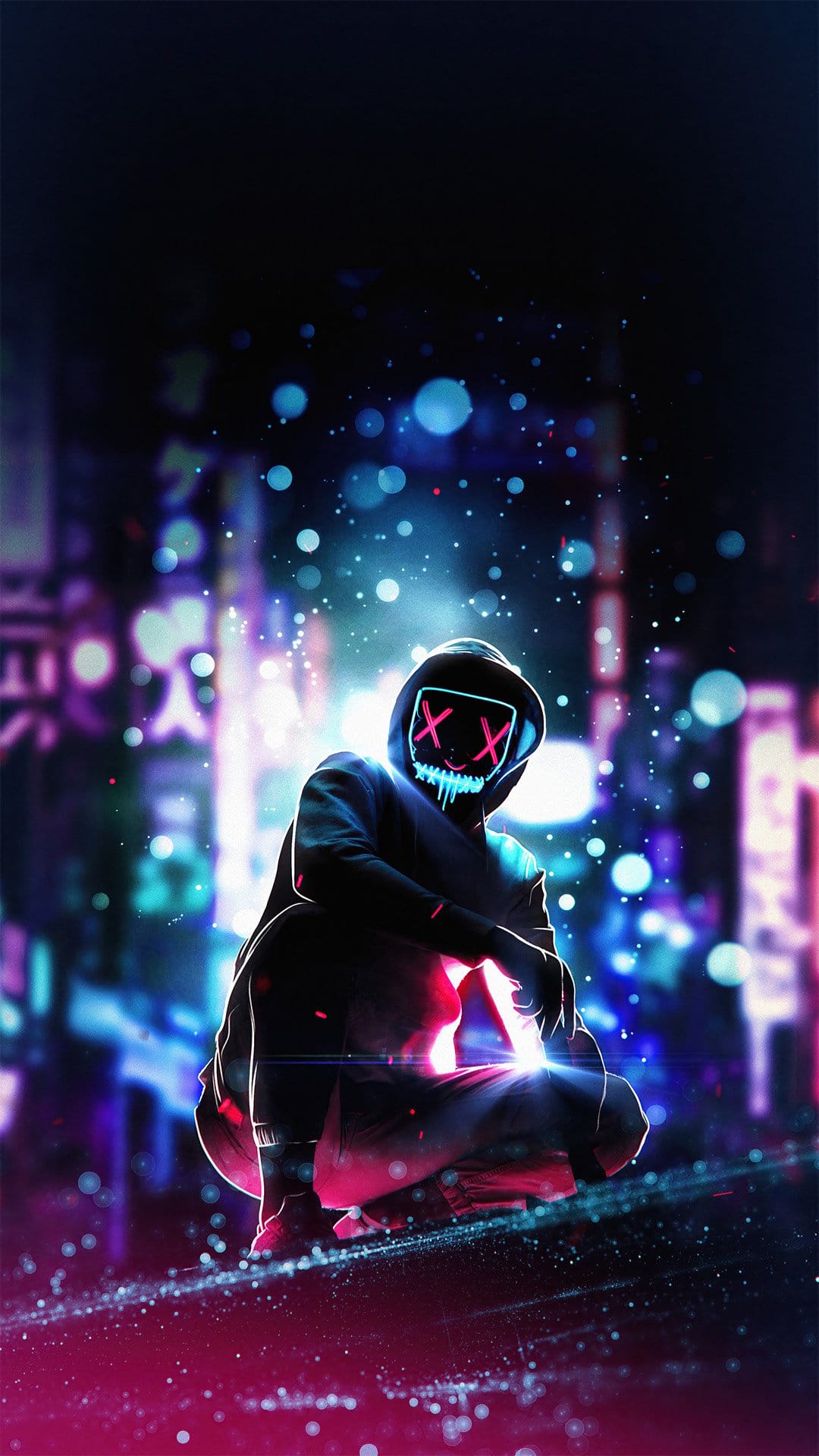 Hooded figure with a glowing blue XX mask stands before a blurred city background of neon pink and teal lights.