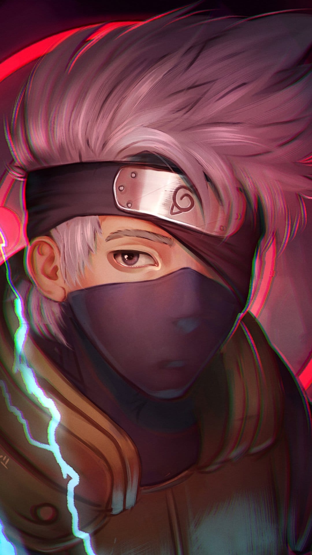 Kakashi Hatake wears a blue headband and face mask while illuminated by vibrant red and cyan neon light beams.