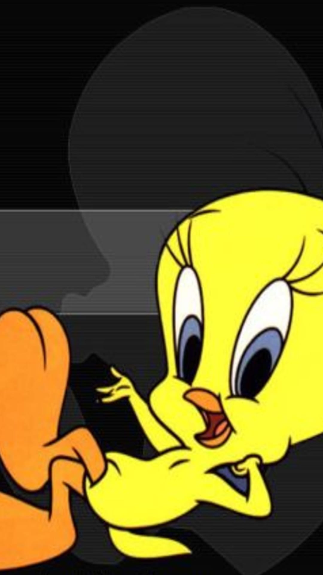 Tweety Bird smiles playfully as Sylvester the Cat reaches out against a dark grey textured background.