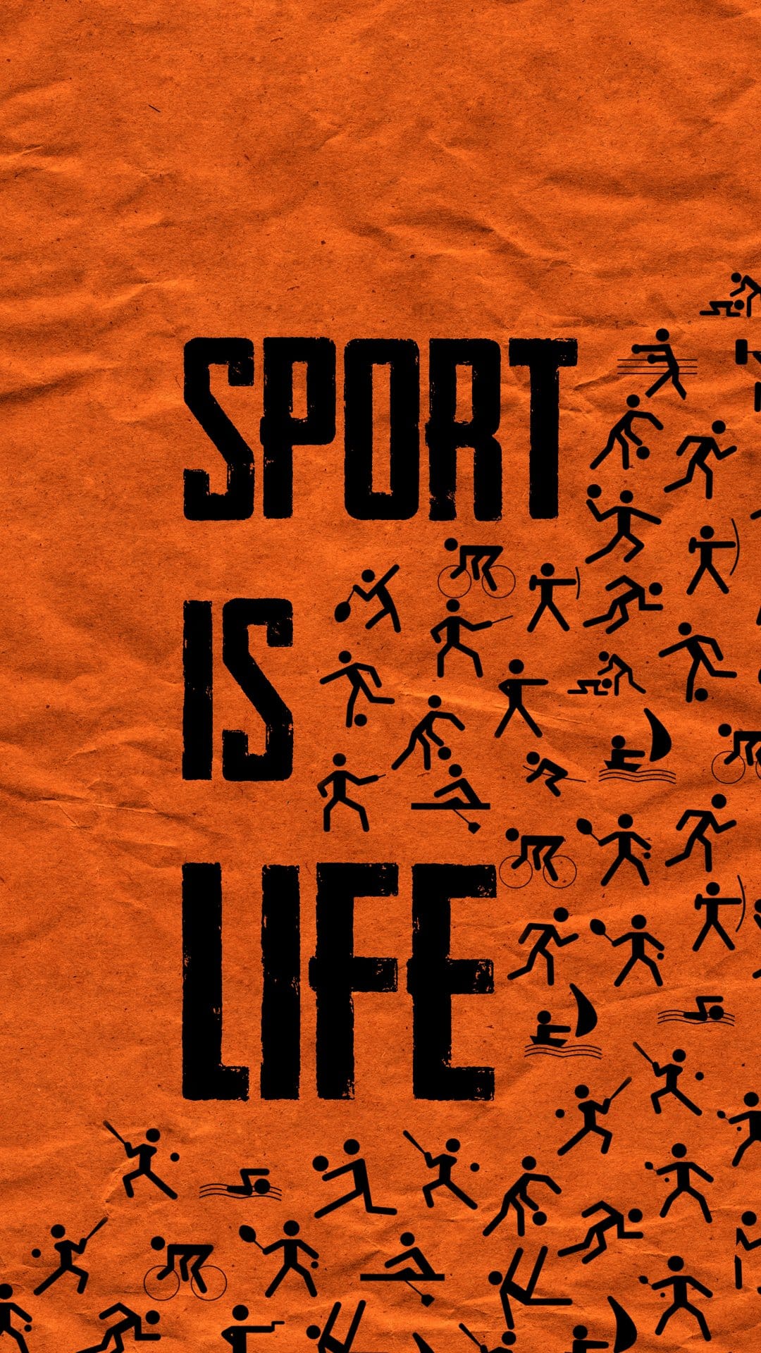 Sport Is Life text in distressed black font surrounded by athlete silhouettes on a textured orange surface.