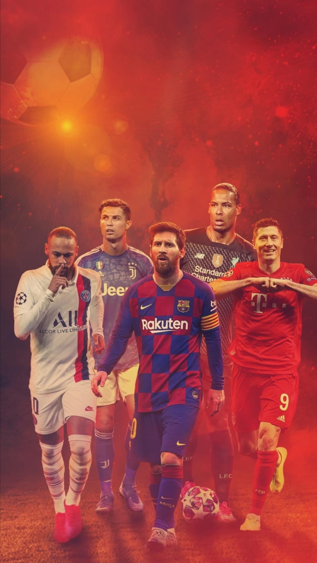 Lionel Messi, Cristiano Ronaldo, and Neymar stand amid orange flames and sparks with a central football.