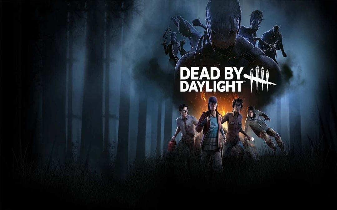 Dead by Daylight survivors standing before a campfire with looming killer silhouettes in a dark misty forest.