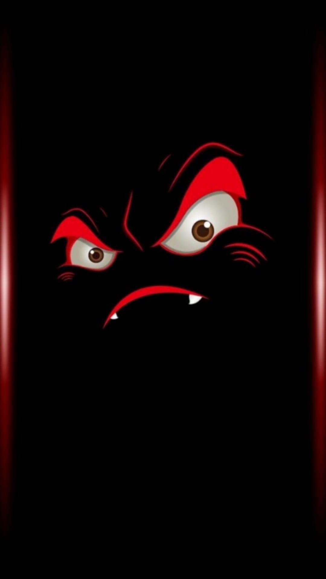 Angry monster face with glowing red eyebrows and sharp eyes set against a black background with red light streaks.