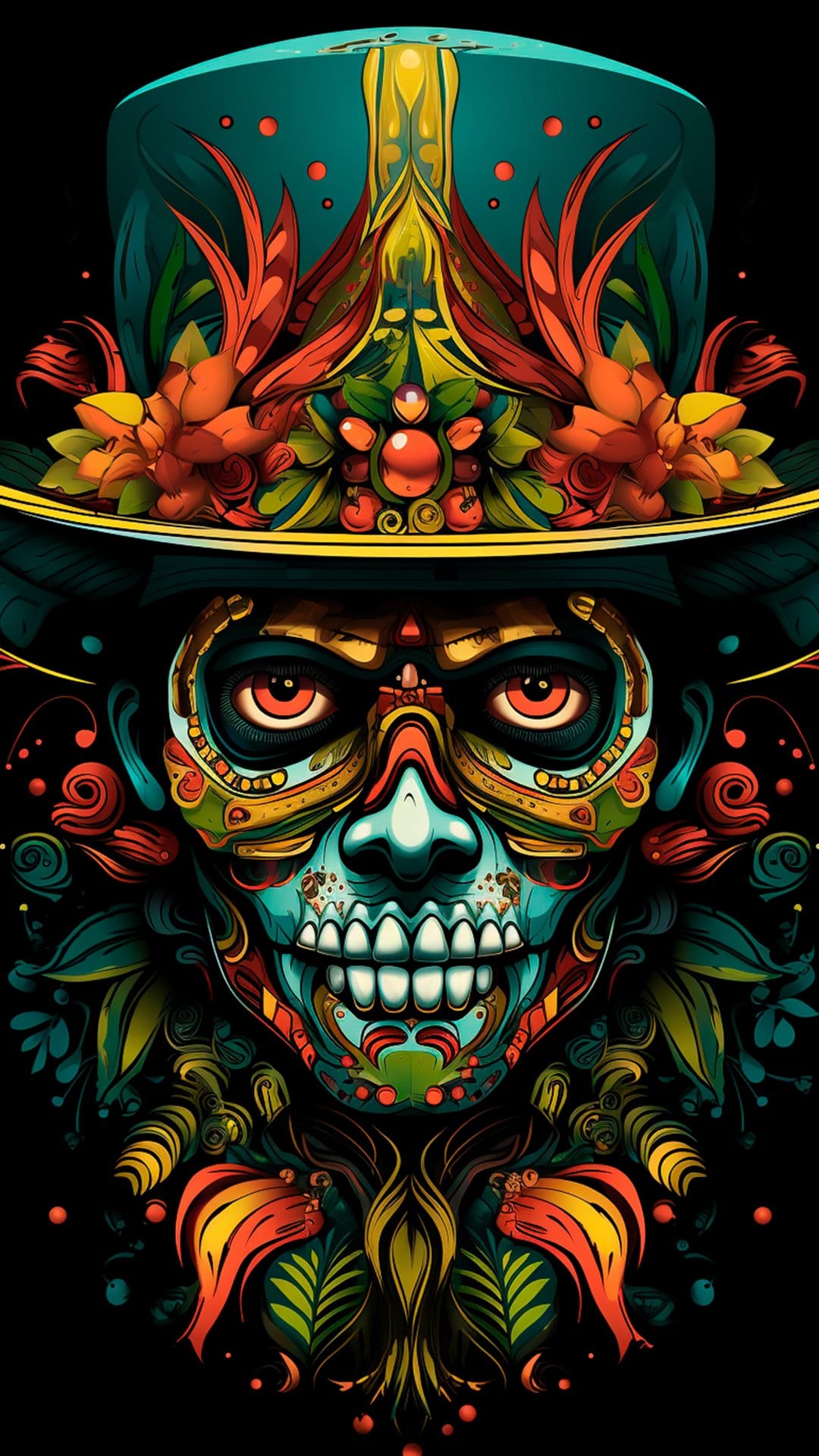 Sugar skull in top hat featuring orange marigolds and teal face paint patterns against a dark background.