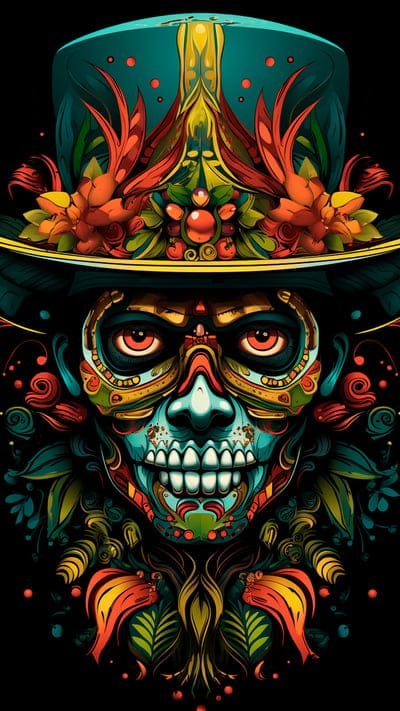 skull,mask,hat,flowers,art,mexico,