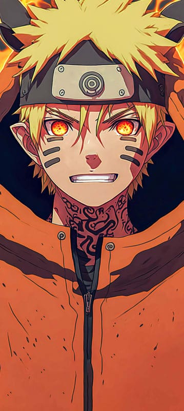 naruto uzuzmaki,naruto,anime,ninja,guy,tatto,bandage,crazy,fiery eyes,jacket,black background,art