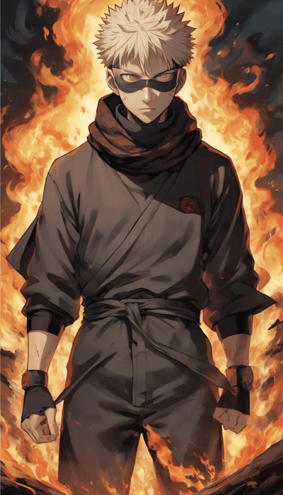 guy,kimono,black,mask,fire,anime,art