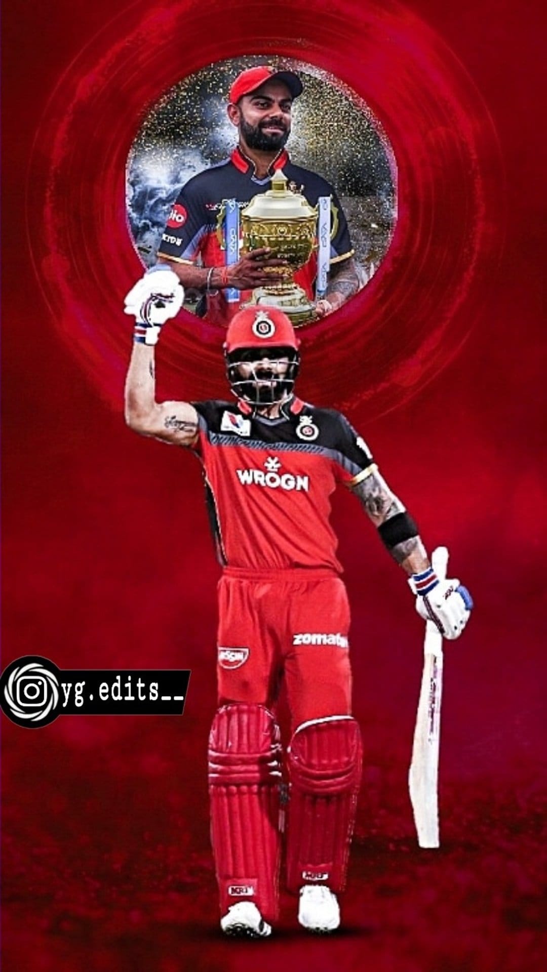 Virat Kohli smiles while holding the silver IPL trophy wearing a red Royal Challengers Bangalore cricket jersey.
