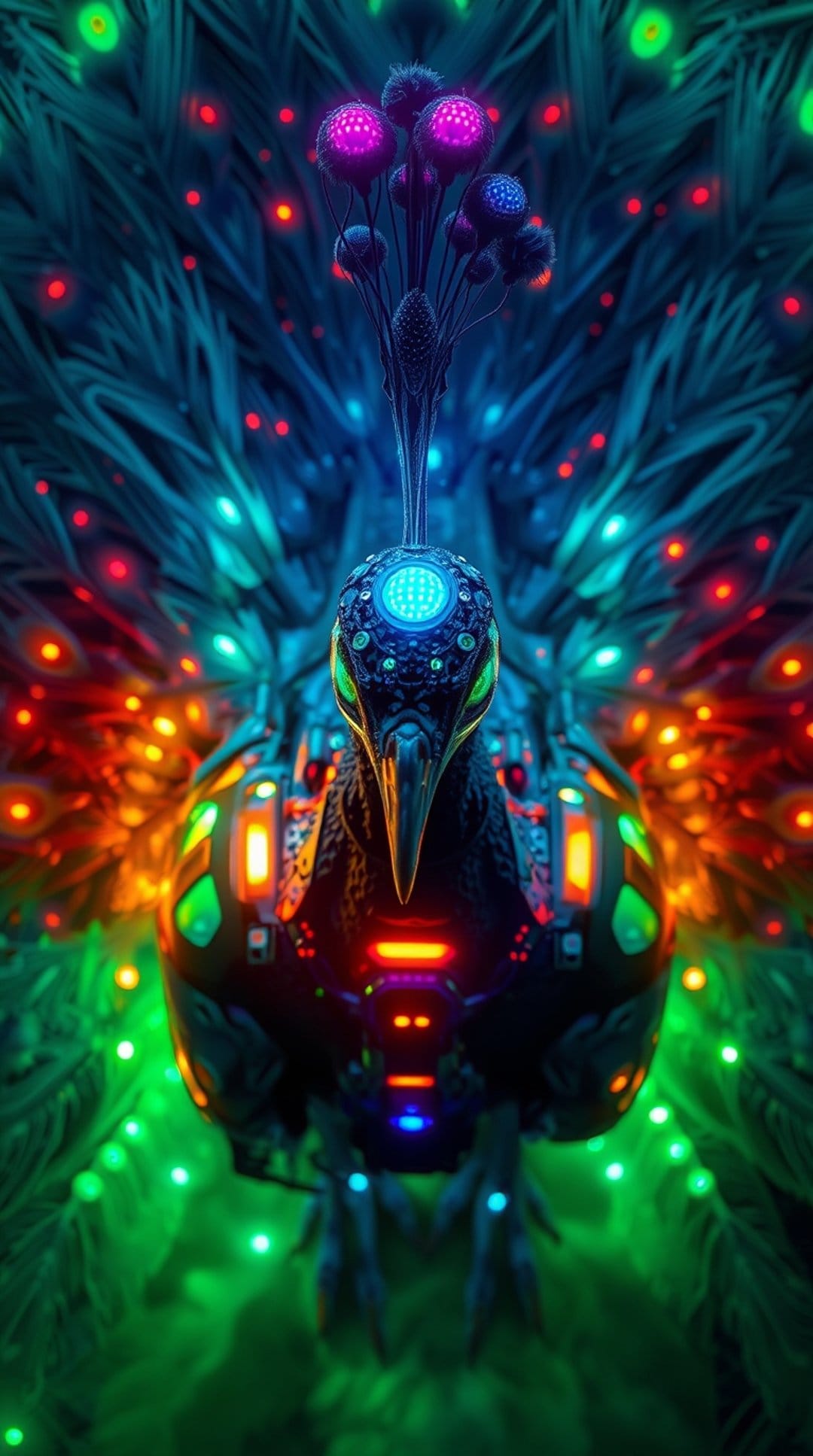Cybernetic peacock with glowing blue feathers and a circular neon emblem on its head against a dark backdrop.
