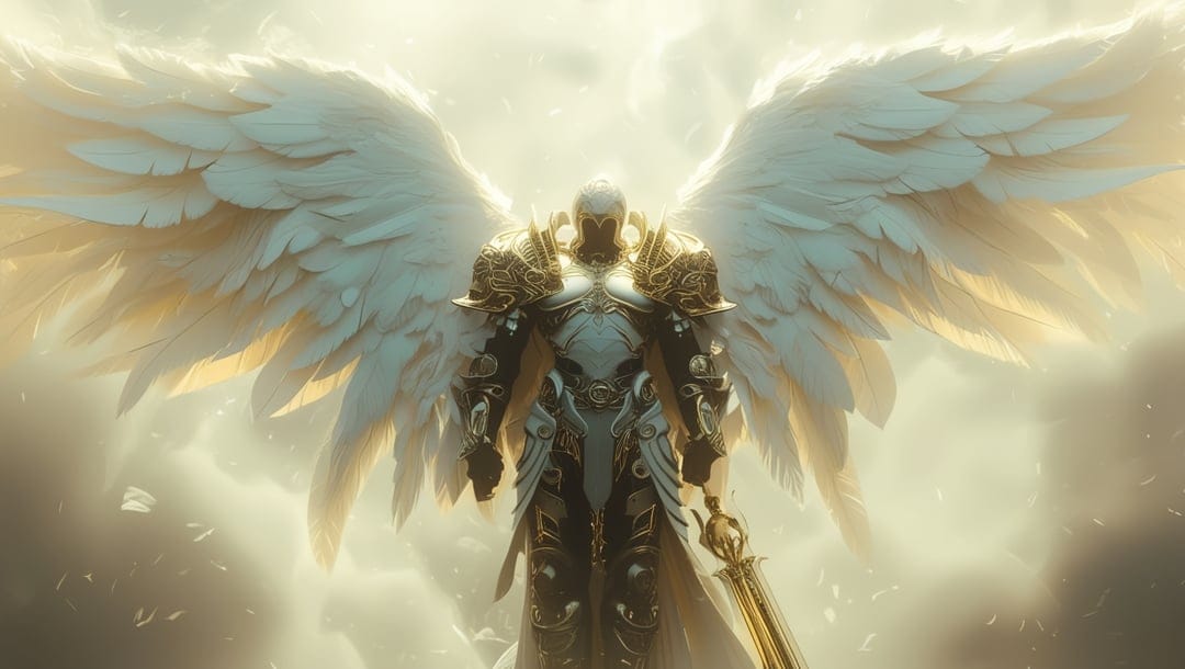 Winged warrior in golden armor grips a sword hilt while standing before a sunlit sky with glowing wings.