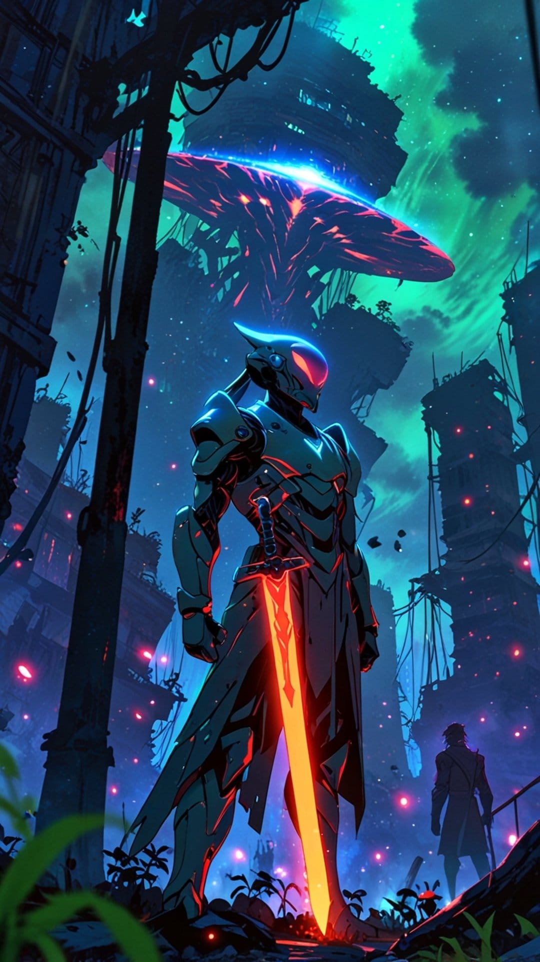 Cybernetic warrior with a glowing neon sword standing before ruined skyscrapers under a swirling purple sky.