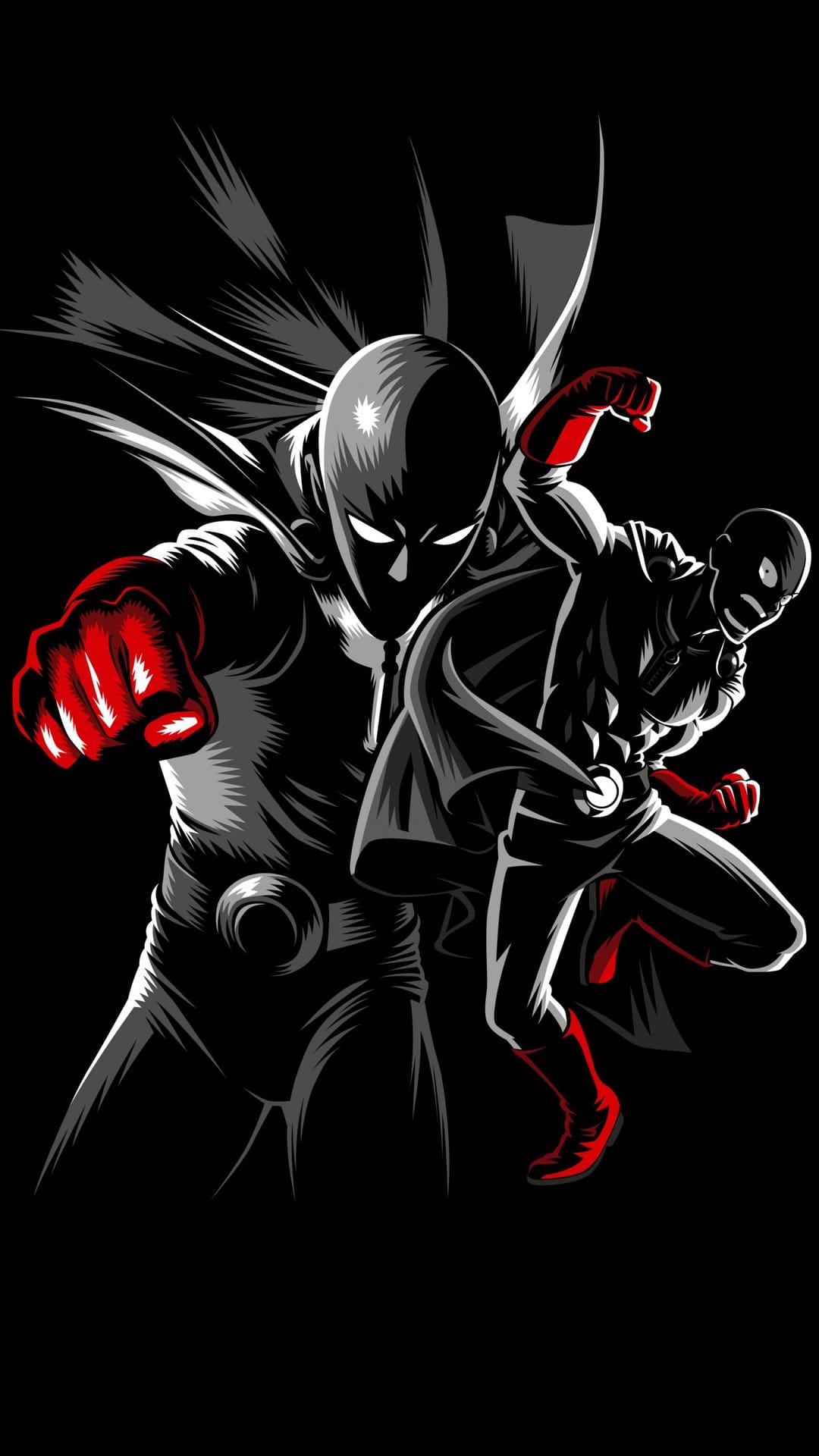 Saitama from One-Punch Man with glowing white eyes and red gloves on a dark, minimalist black background.