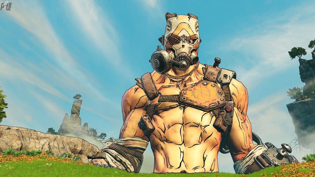 Muscular psycho character wearing a gas mask in a sunny green meadow with blue skies and rocky outcrops.