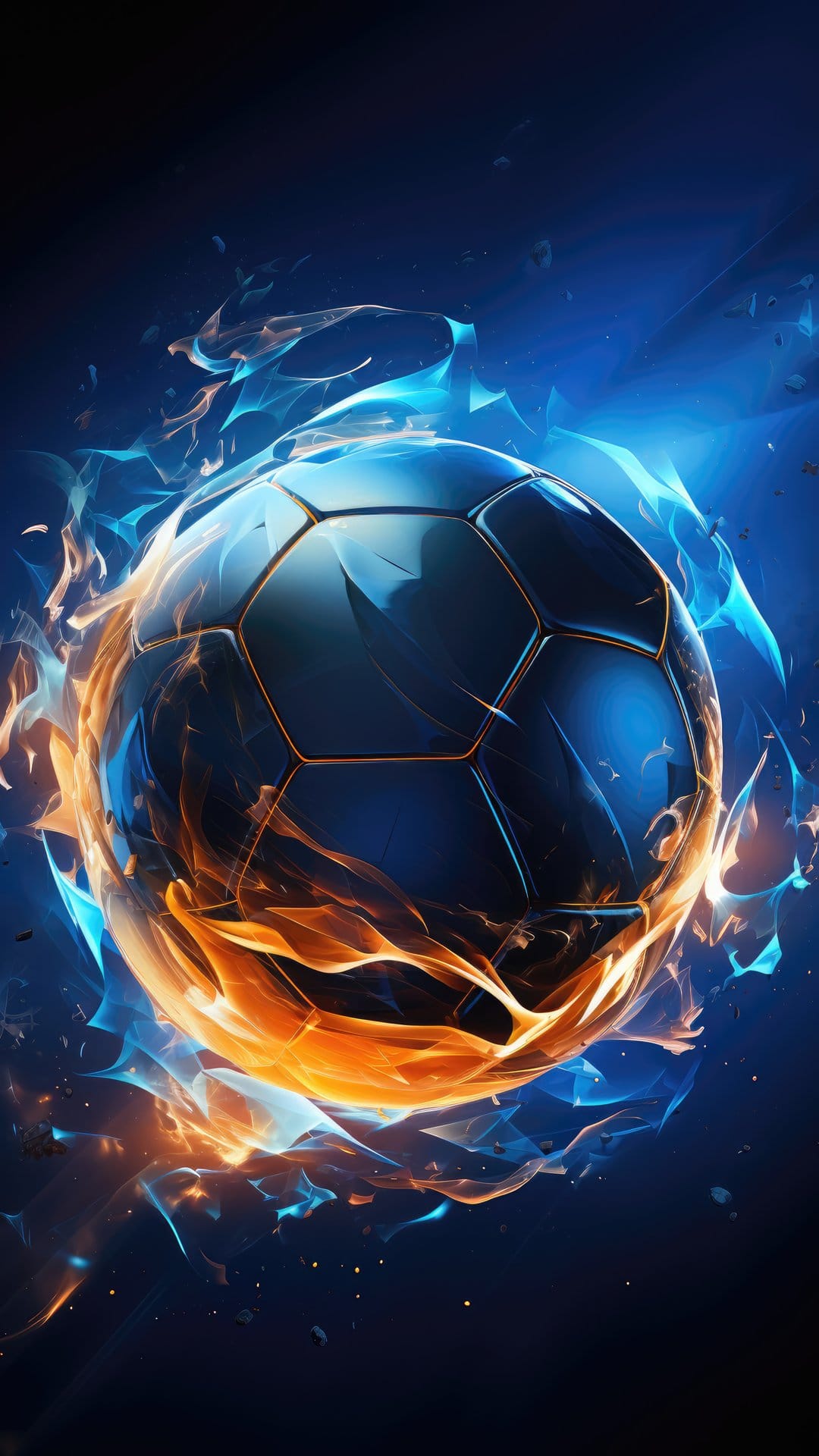 Glossy blue soccer ball engulfed in swirling orange and cyan flames against a dark, star-speckled background.