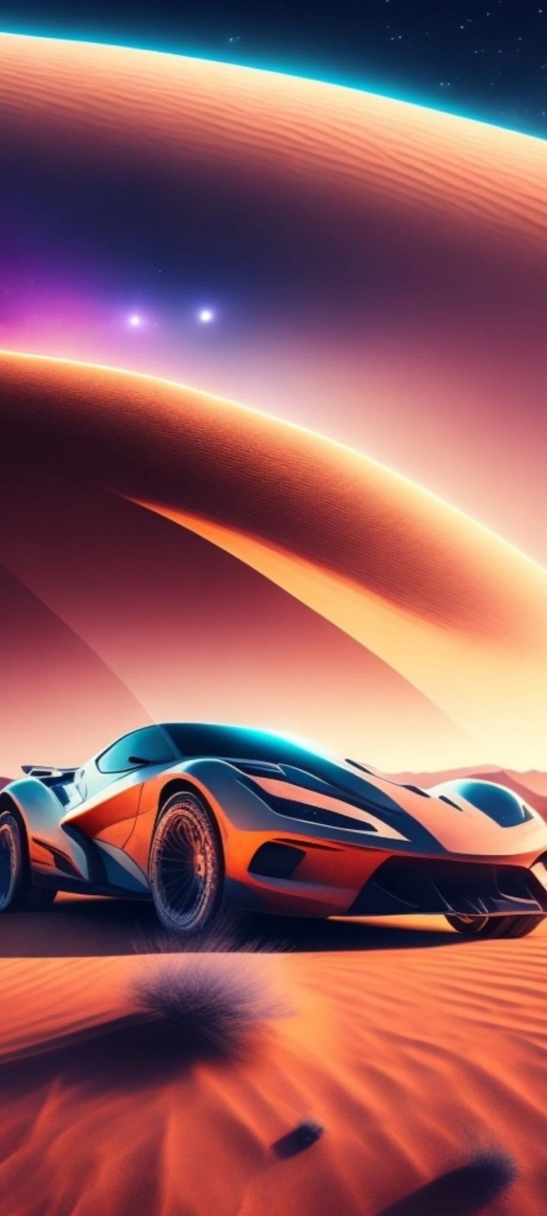 Futuristic sports car speeds across orange sand dunes under a purple sky with visible celestial planets.
