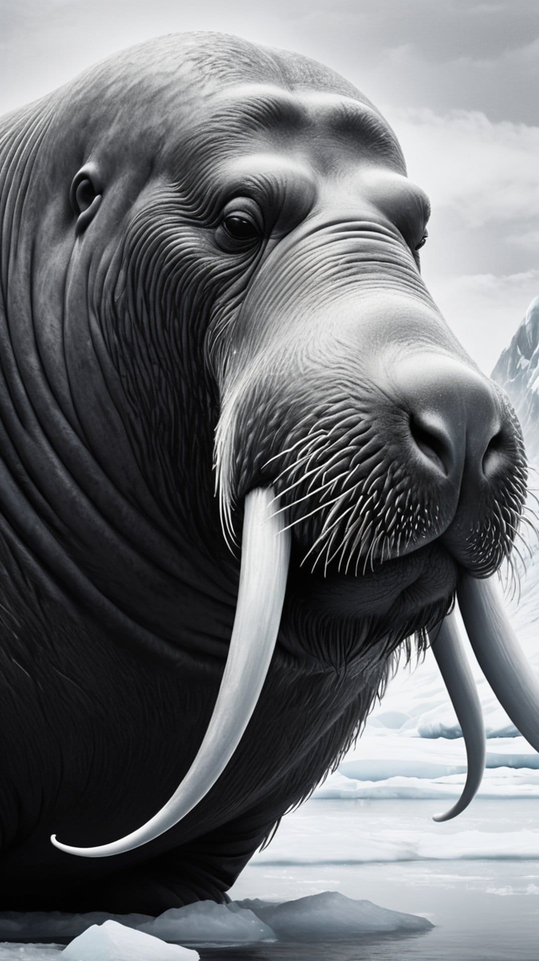 Walrus with long tusks and wrinkled skin faces forward against a backdrop of snow-capped mountains and ice.