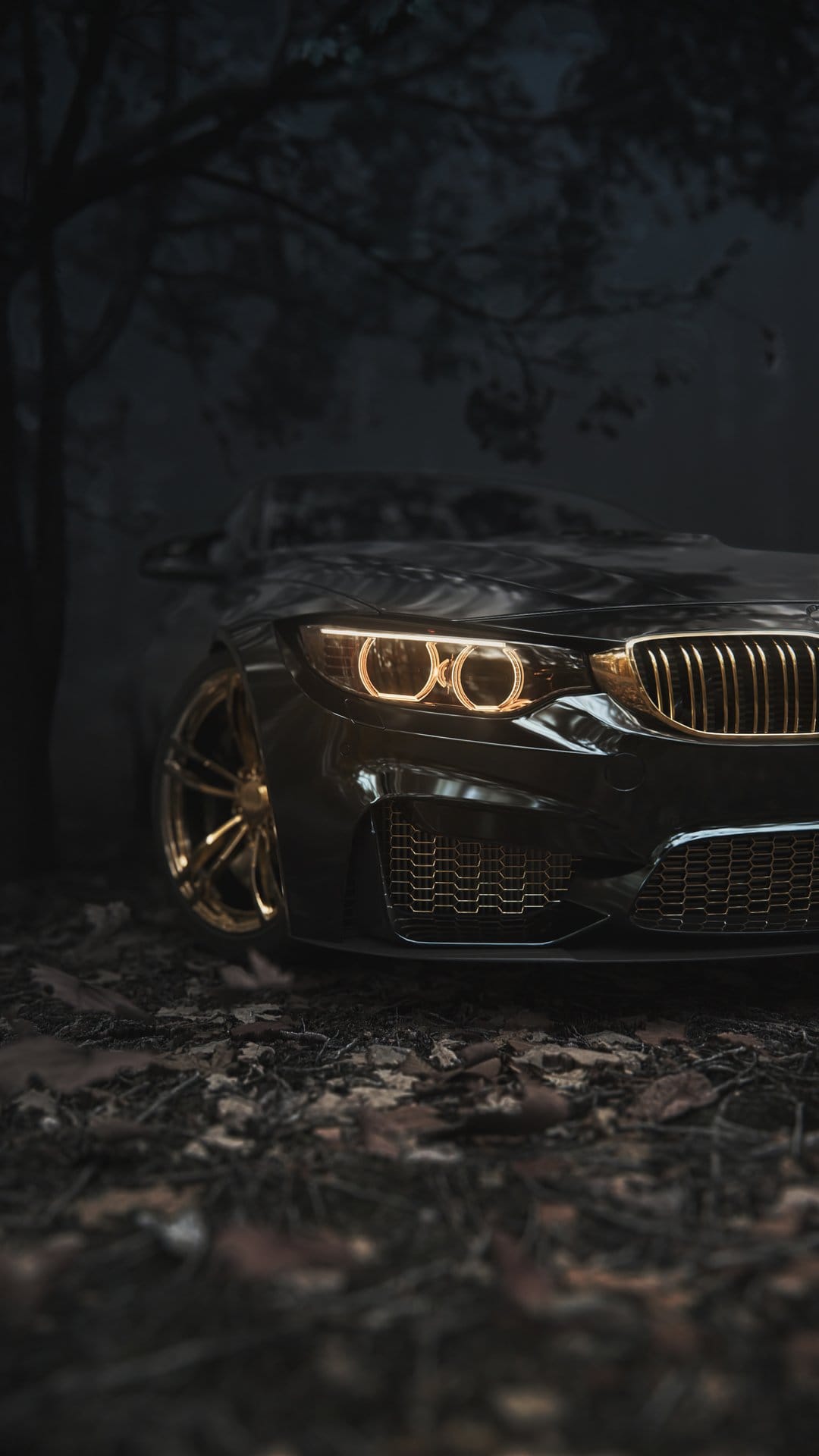 Black luxury car with gold rims and glowing headlights parked on a bed of dry autumn leaves in a dark setting.