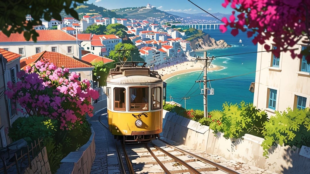 Yellow vintage tram on a steep track overlooking terracotta rooftops, pink flowers, and a turquoise blue bay.