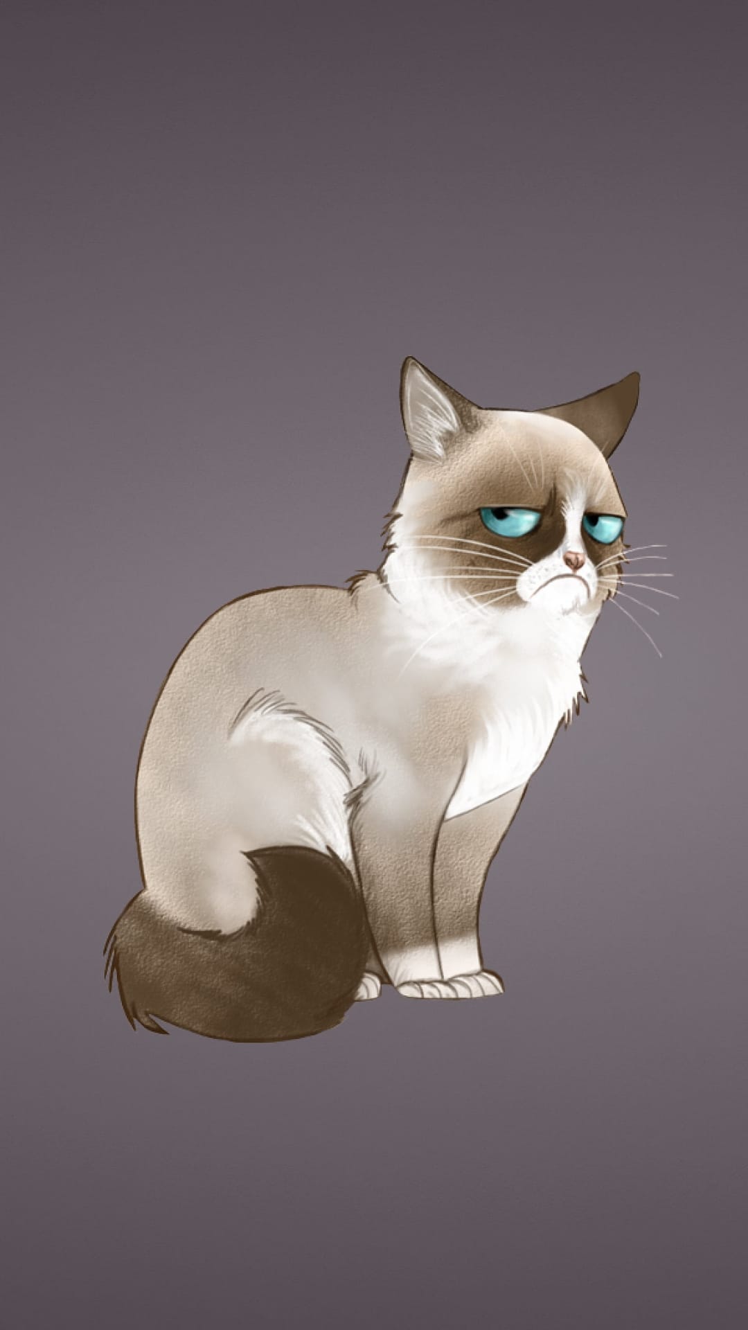 Grumpy Cat with a frowning mouth and blue eyes sits in a regal pose against a minimalist, muted tan background.