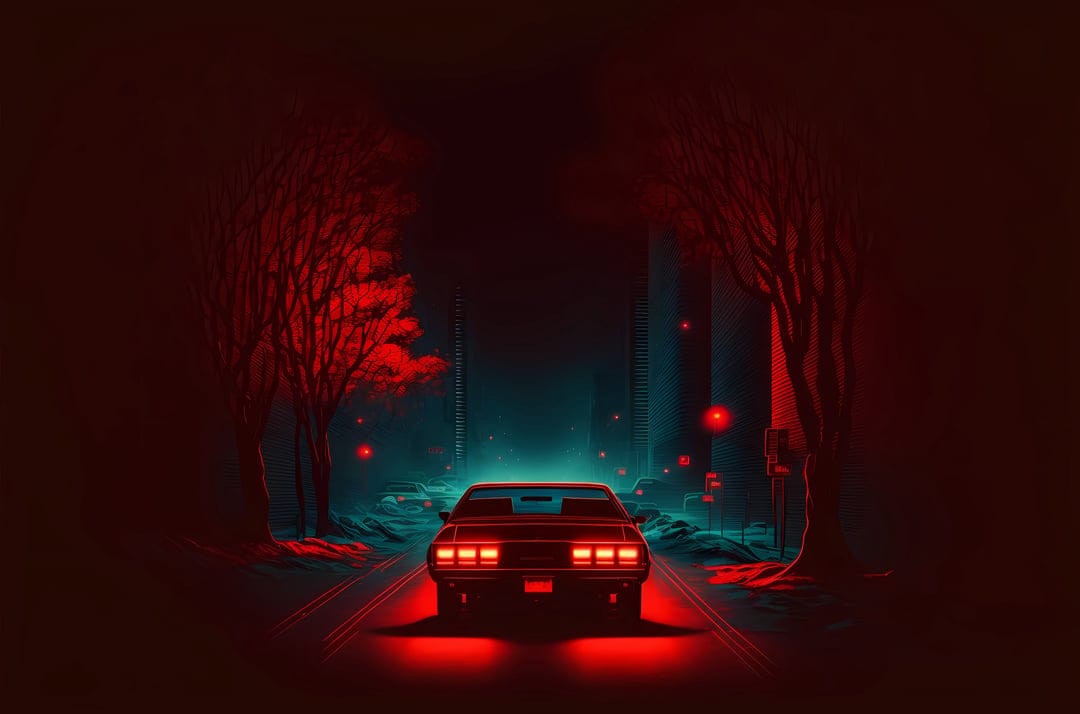 Vintage car with bright red taillights driving down a narrow road between glowing scarlet trees at night.