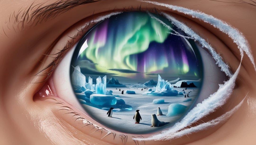 Human iris reflecting a green aurora borealis over a snowy landscape with penguins and jagged icebergs.