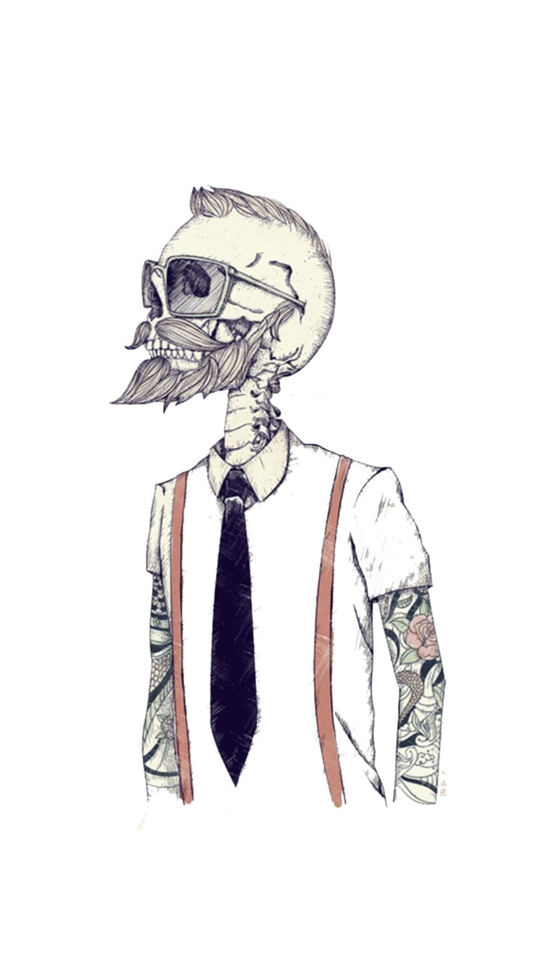 Skeleton with floral sleeve tattoos, a mustache, and sunglasses wears a white shirt and dark suspenders.