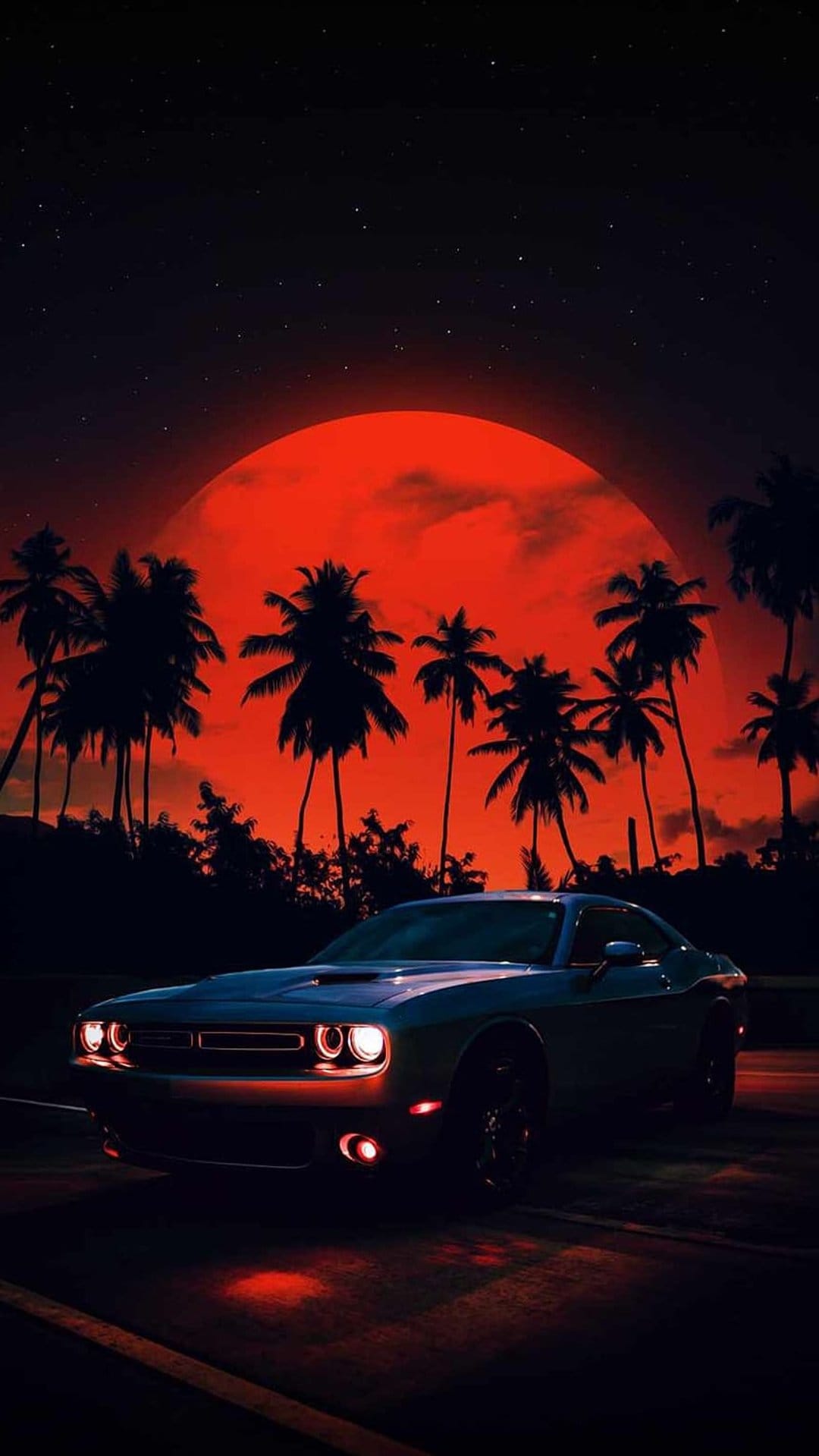 Muscle car with glowing headlights parked under a giant red moon and dark palm tree silhouettes at night.