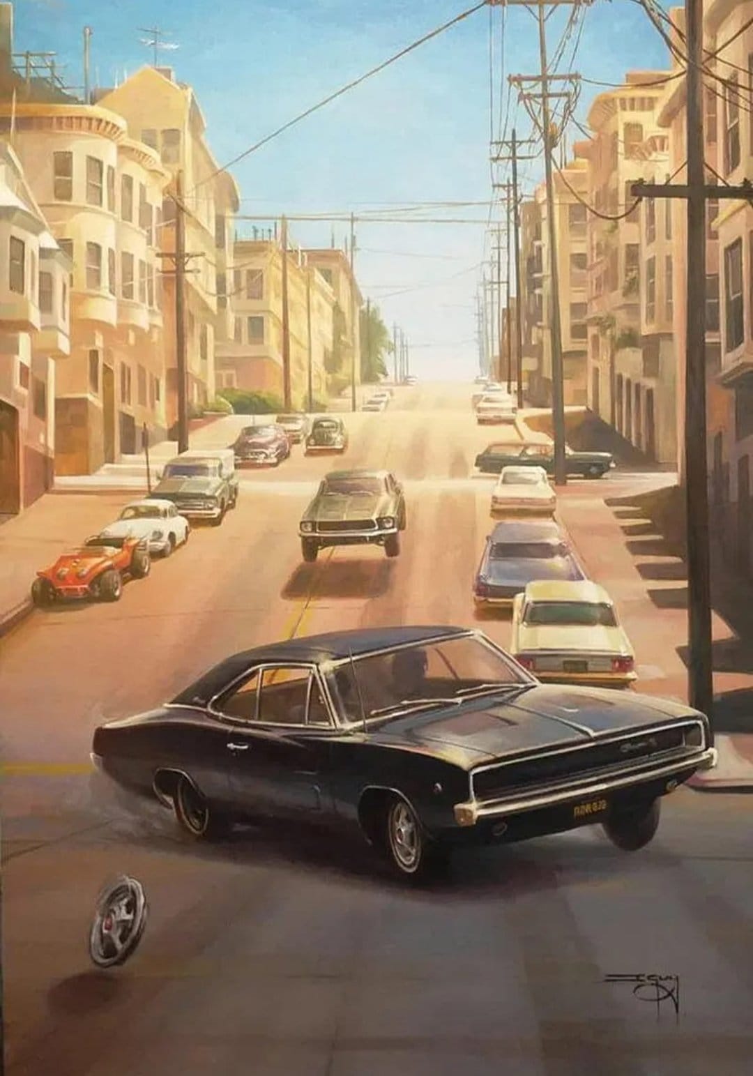 Black Dodge Charger airborne on a steep city street with a detached wheel and Victorian houses in the background.