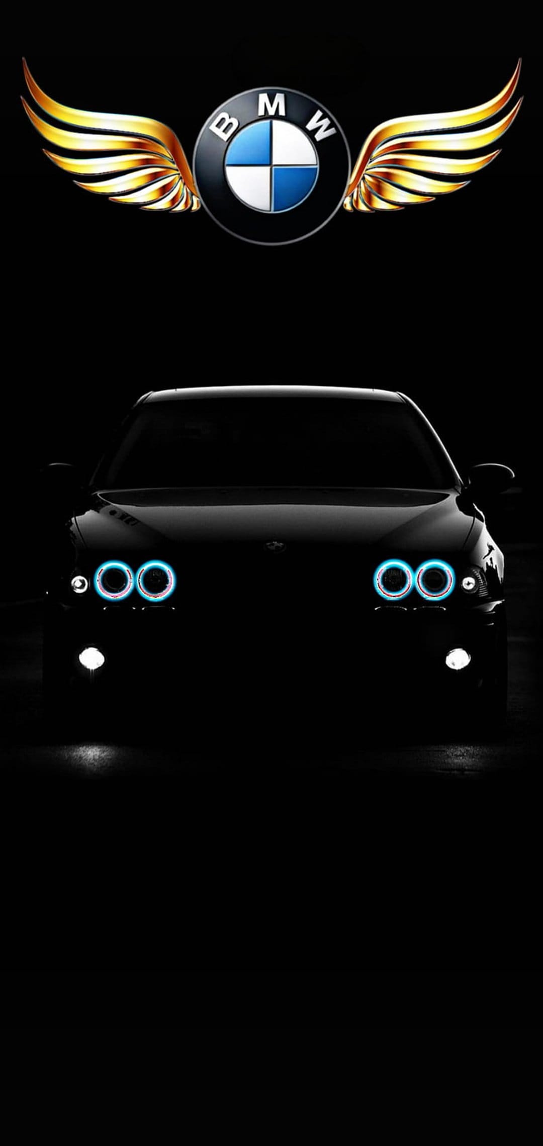 BMW logo with golden wings features prominently over blue glowing car headlights on a dark vertical background.