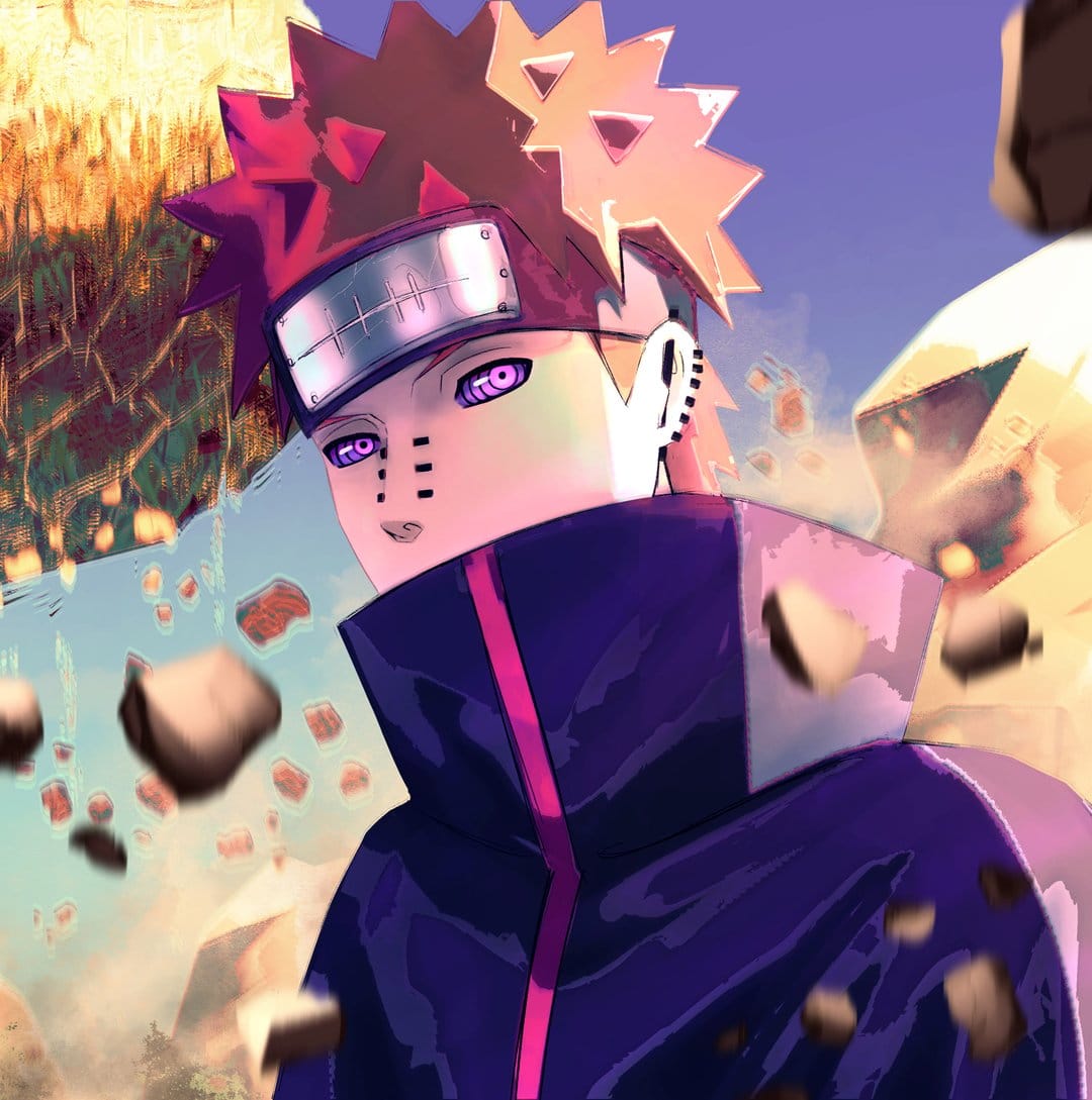 Pain from Naruto stares forward with purple Rinnegan eyes and spiky orange hair surrounded by floating stones.