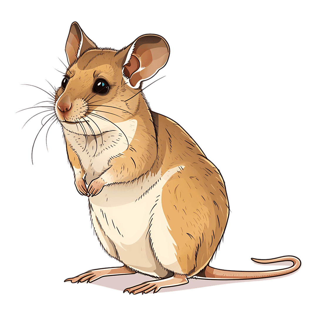 Brown mouse cartoon character standing on hind legs with clasped paws against a solid black background.
