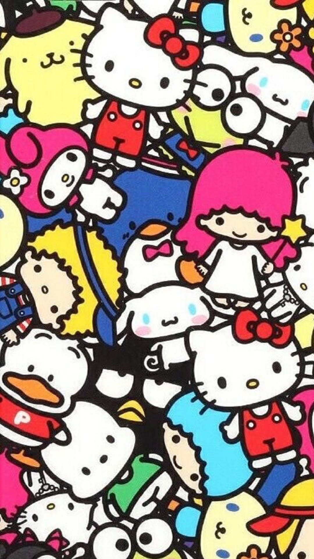Hello Kitty, My Melody, and Cinnamoroll overlap in a dense, colorful character collage with a white background.