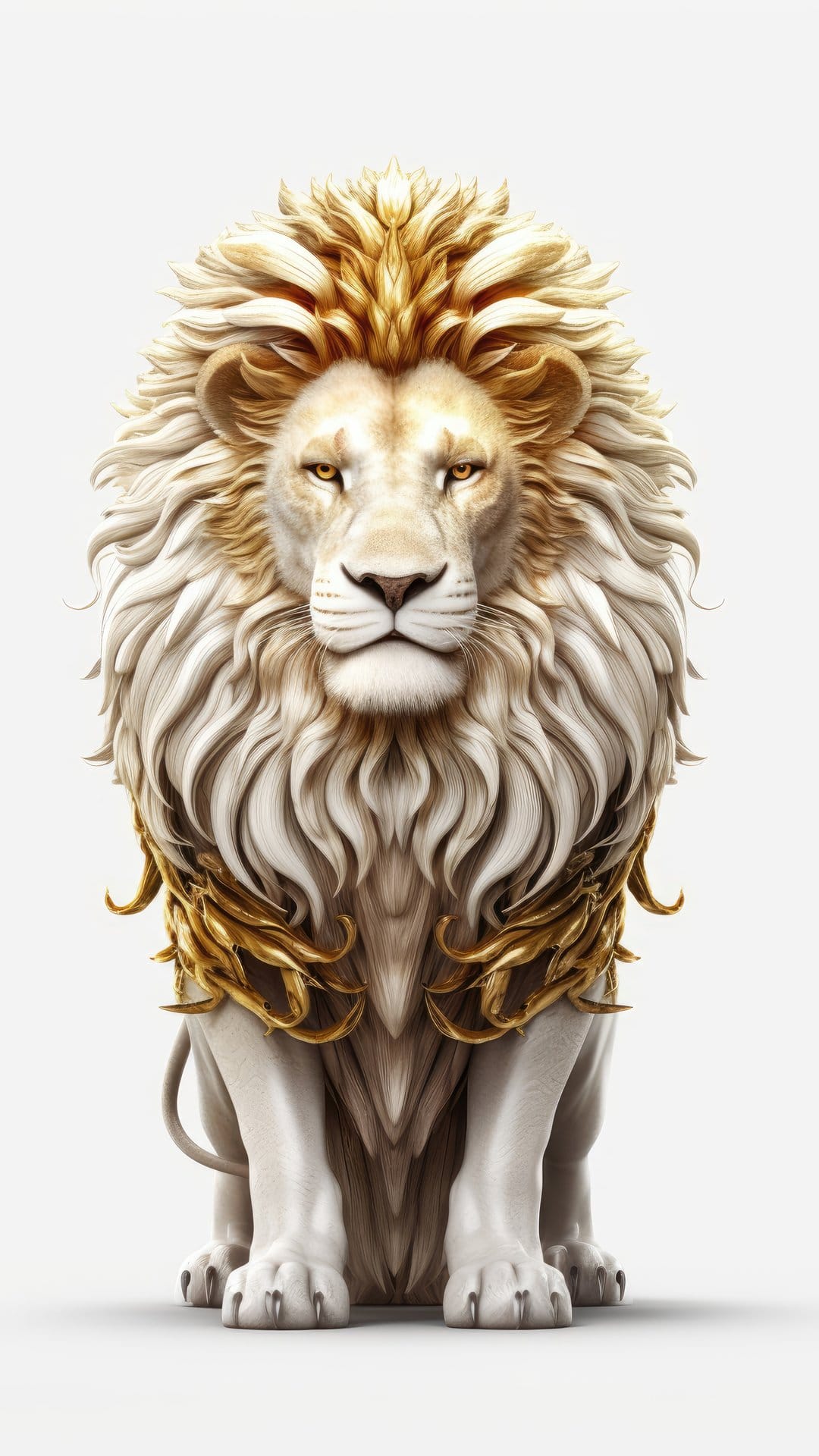White lion with a thick golden mane wears ornate chest armor while staring ahead with piercing amber eyes.