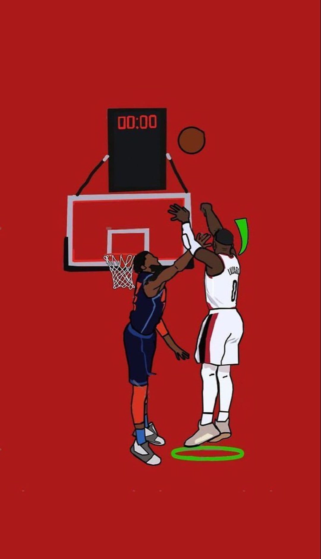 Basketball player jumps to shoot over a defender at the buzzer on a flat red background with green markers.