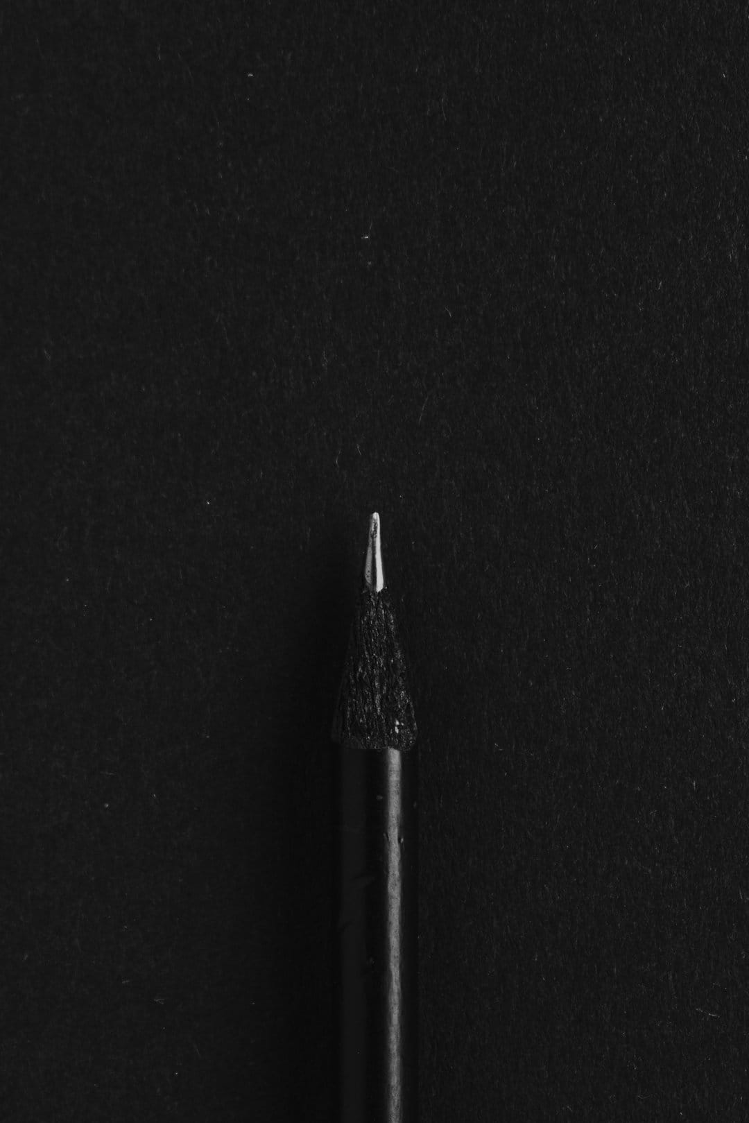 Sharpened graphite pencil tip showing detailed wood grain texture illuminated against a solid black background.