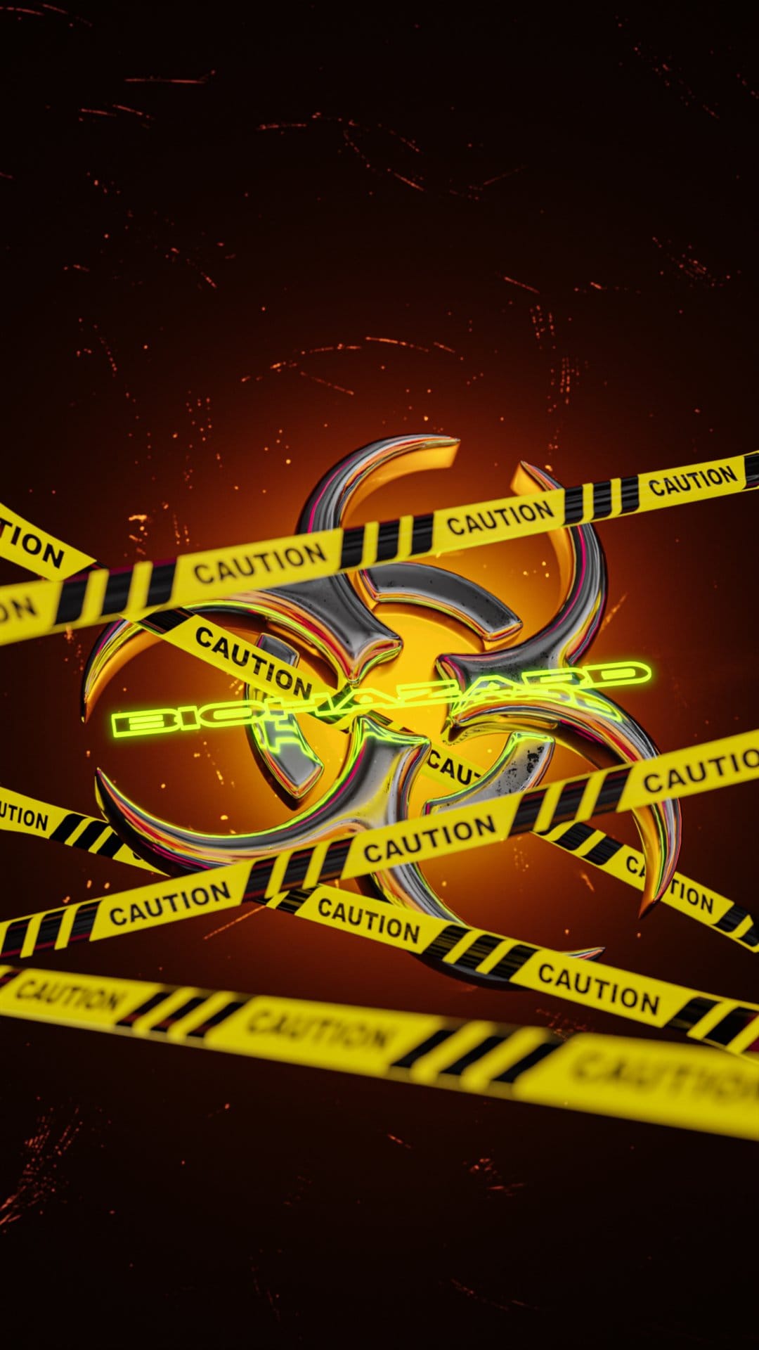 Metallic biohazard symbol glowing with neon green light surrounded by yellow caution tape and floating fire embers.