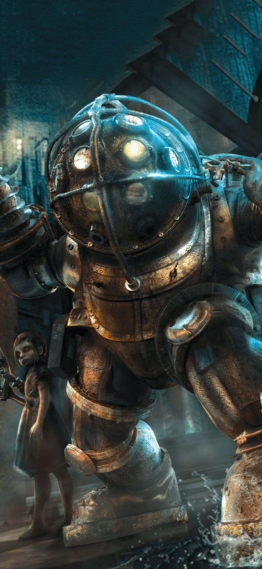 Armored Big Daddy with glowing yellow portholes and a Little Sister in a dark industrial environment.
